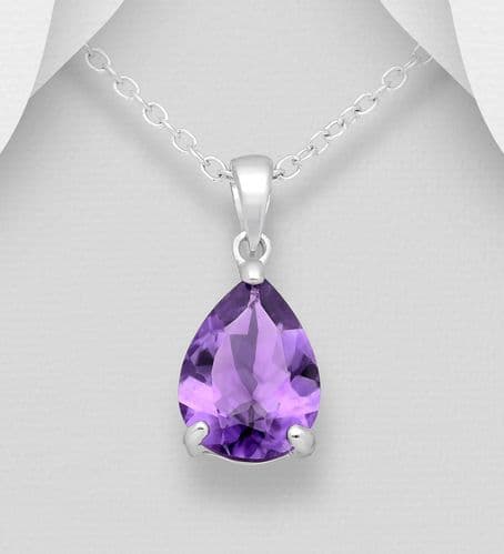 925 Sterling Silver Pear-Shaped Pendant & Chain, Decorated with A Pear Shape Amethyst Stone
